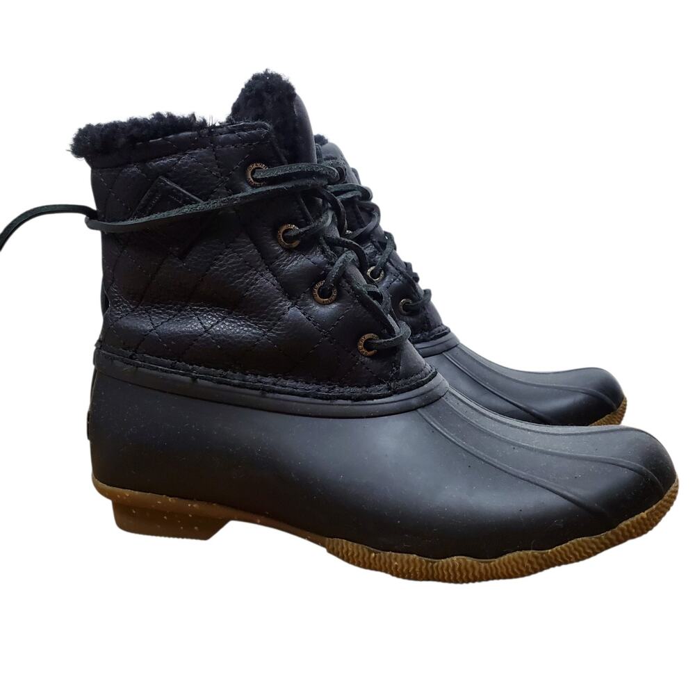 Sperry Saltwater Winter Luxe Duck Boots Womens 7M Black Quilt Leather Lined